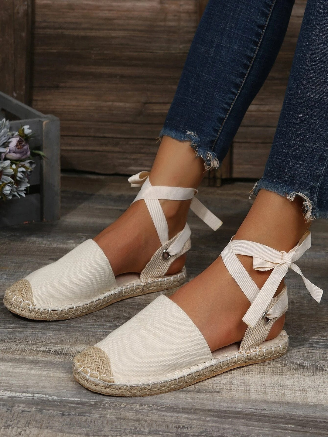 Damen Espadrilles Sandalen, cremefarben, Leinen, mit Knöchelriemen, Sommermode, bequem.