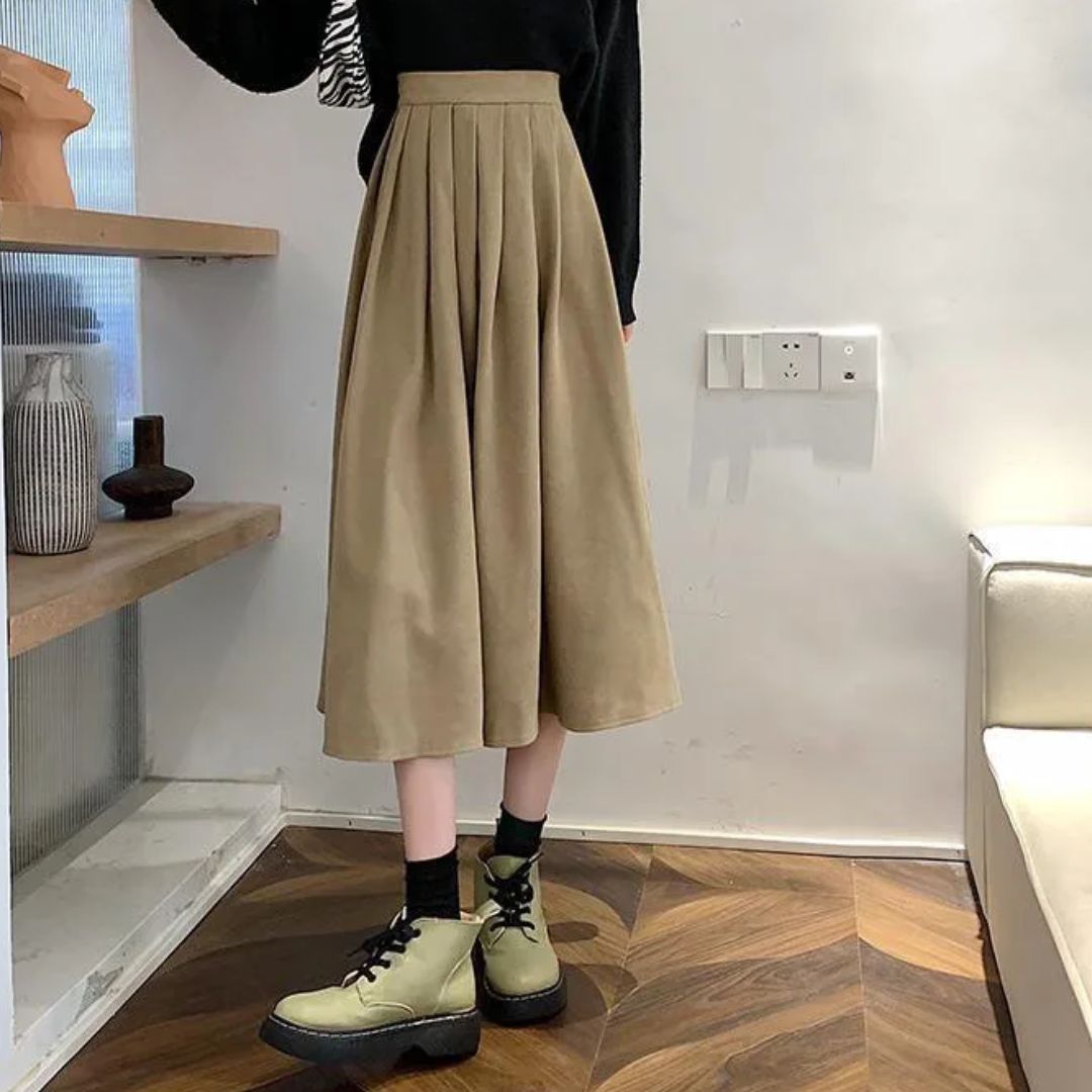 Beige Midirock aus Baumwolle, Damenmode, eleganter Faltenrock, Herbstkleidung, Streetstyle.