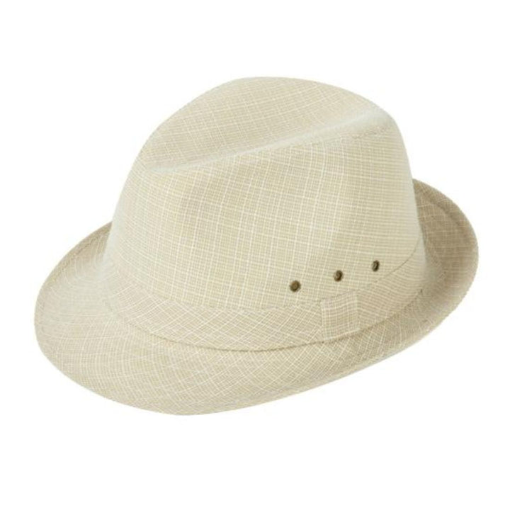 Beiger Fedora-Hut aus Stroh, klassisches Design, ideal für Sommermode und Sonnenschutz.