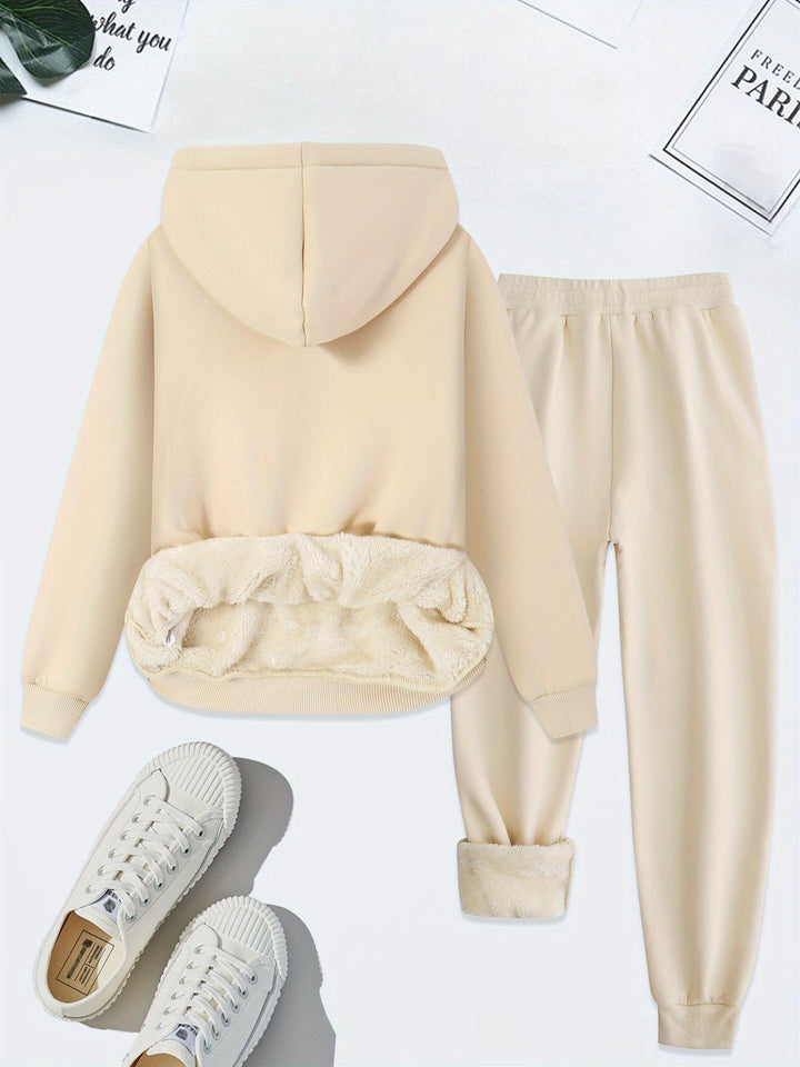 Beiges Damen-Sweatshirt mit Kapuze und Jogginghose, Fleece-Futter, lässig, bequem.