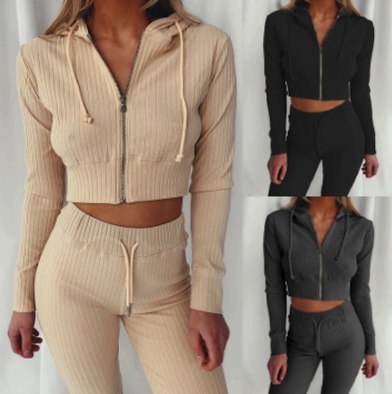 Damen-Rippstrick-Trainingsanzug, beige und schwarz, Kapuzenjacke, Reißverschluss, modisch