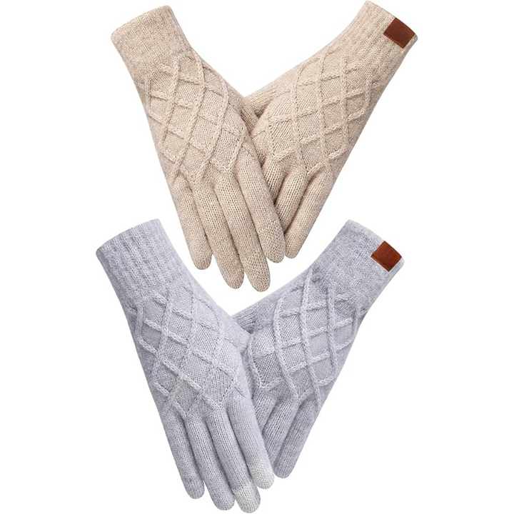 Beige und graue Strickhandschuhe mit Rautenmuster, warm, wintertauglich, Unisex-Design.