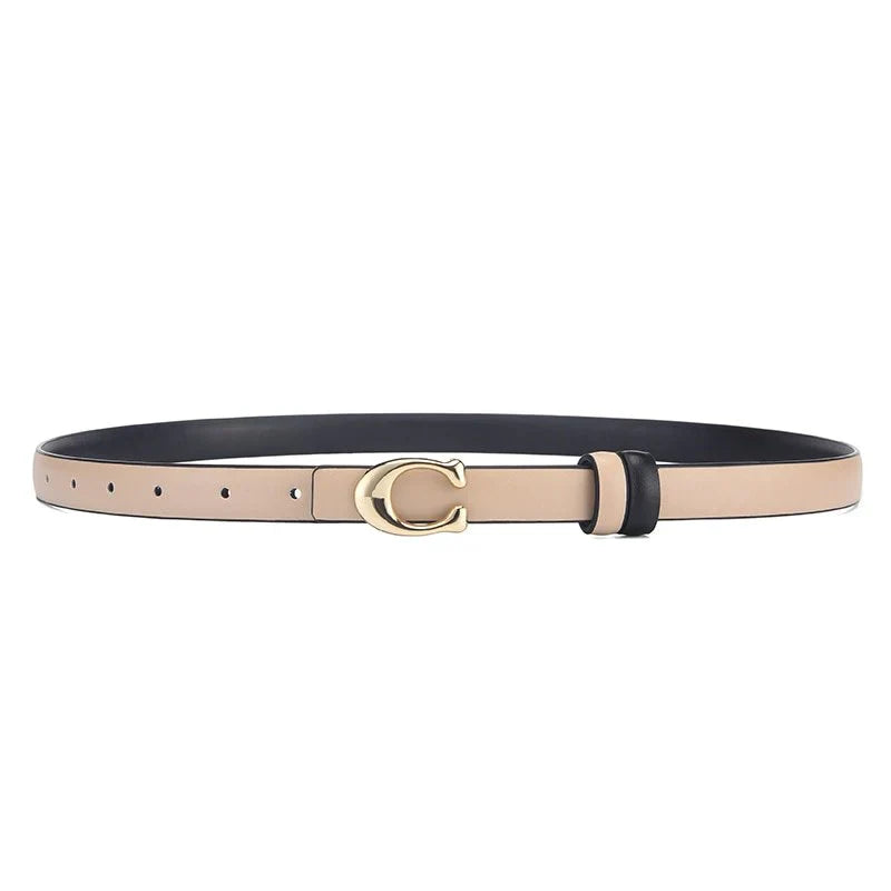 Beiger Ledergürtel mit goldener Schnalle, elegantes Accessoire, modisch, Damenmode.