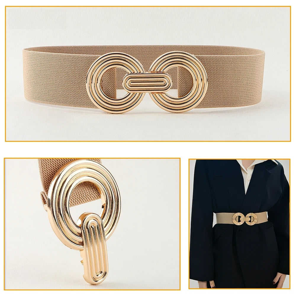 Beiger elastischer Gürtel mit goldener Schnalle, Damenmode Accessoire, elegant und stilvoll.