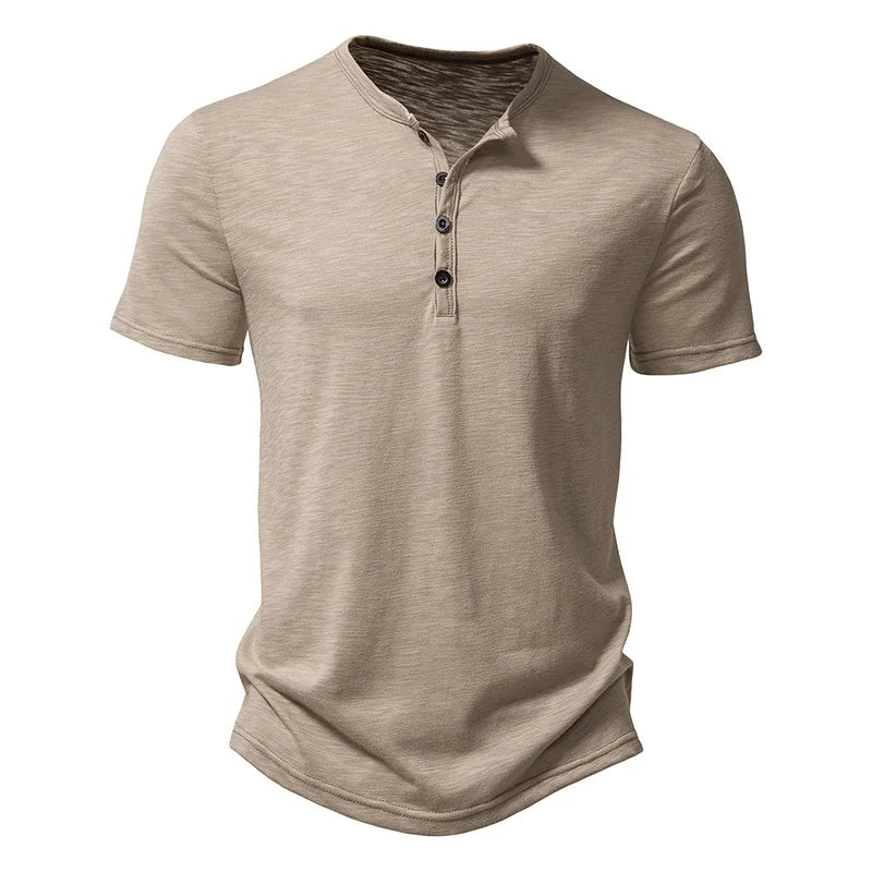 Beiges Herren-Henley-Shirt, kurzärmelig, Baumwolle, Knopfleiste, lässig, modisch.