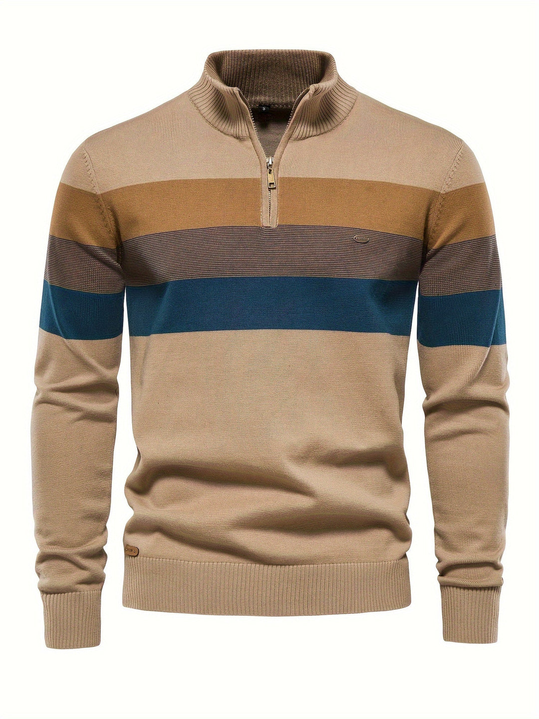 Beiger Herrenpullover mit Reißverschluss, gestreift, Baumwolle, modisch, Herbstmode.