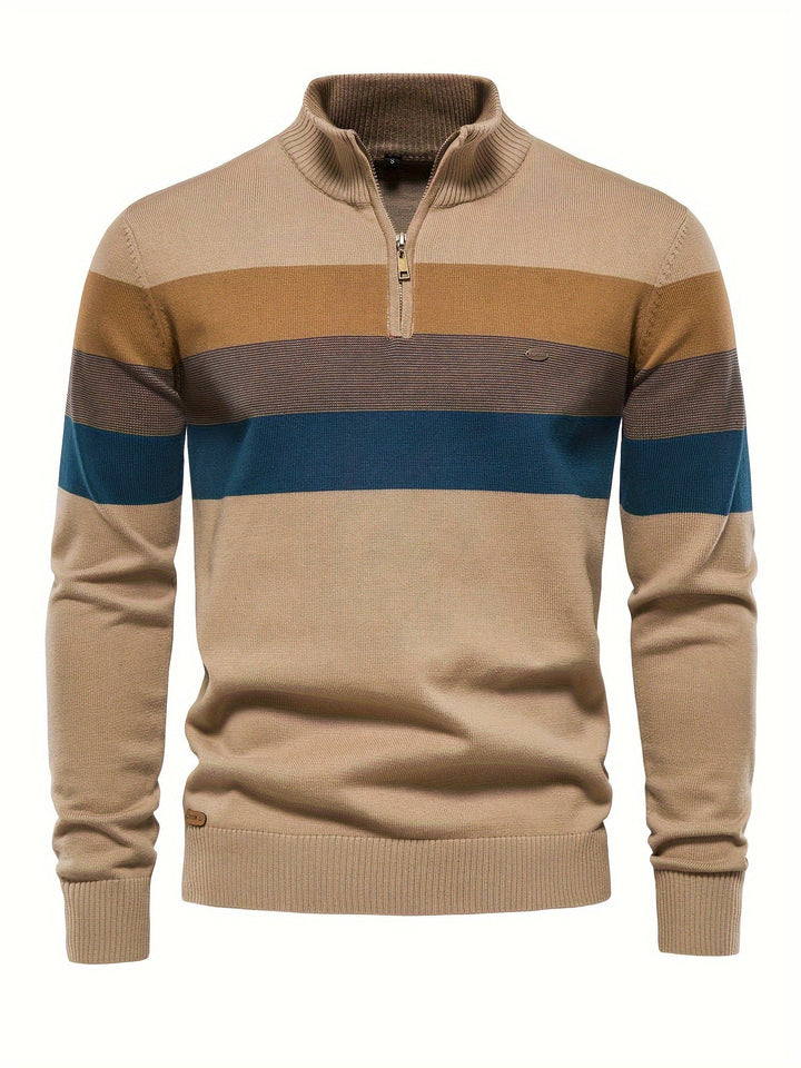Beiger Herrenpullover mit Reißverschluss, gestreift, Baumwolle, modisch, Herbstmode.