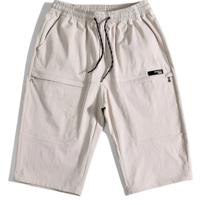 Beige Herren-Shorts mit Kordelzug, Reißverschlusstasche, lässig, atmungsaktiv, Sommermode.