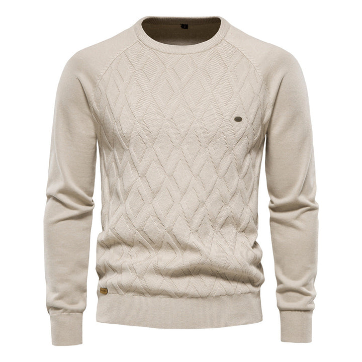 Beige Herrenpullover aus Baumwolle, Zopfmuster, lange Ärmel, Herbstmode, Winterkleidung.