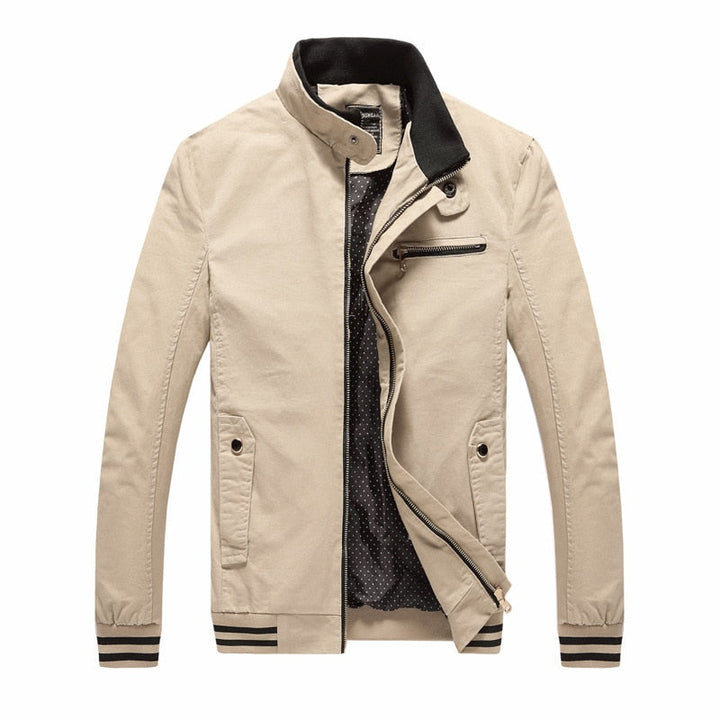 Beige Herrenjacke mit Reißverschluss, Stehkragen, Baumwolle, modisch, Freizeitjacke.