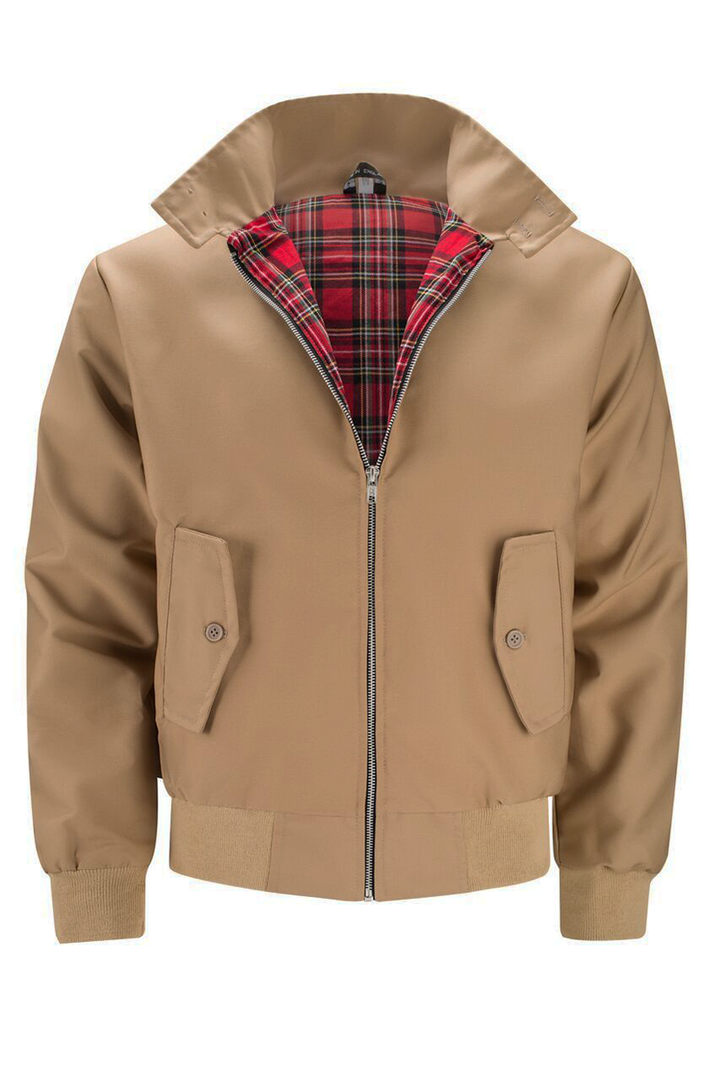 Beige Herrenjacke mit rotem Karofutter, Reißverschluss, Taschen, modisch, klassisch.