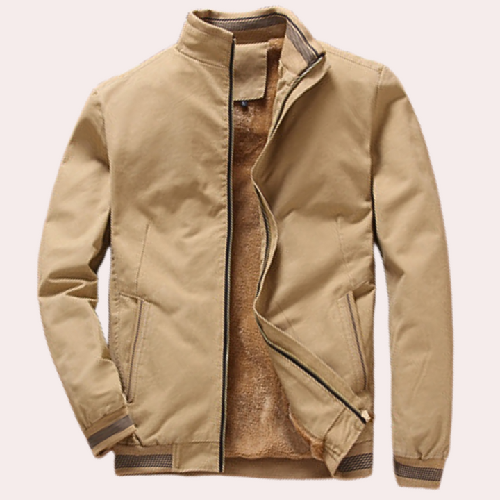 Beige Herrenjacke mit Reißverschluss, Stehkragen und Futter, ideal für Herbstmode.