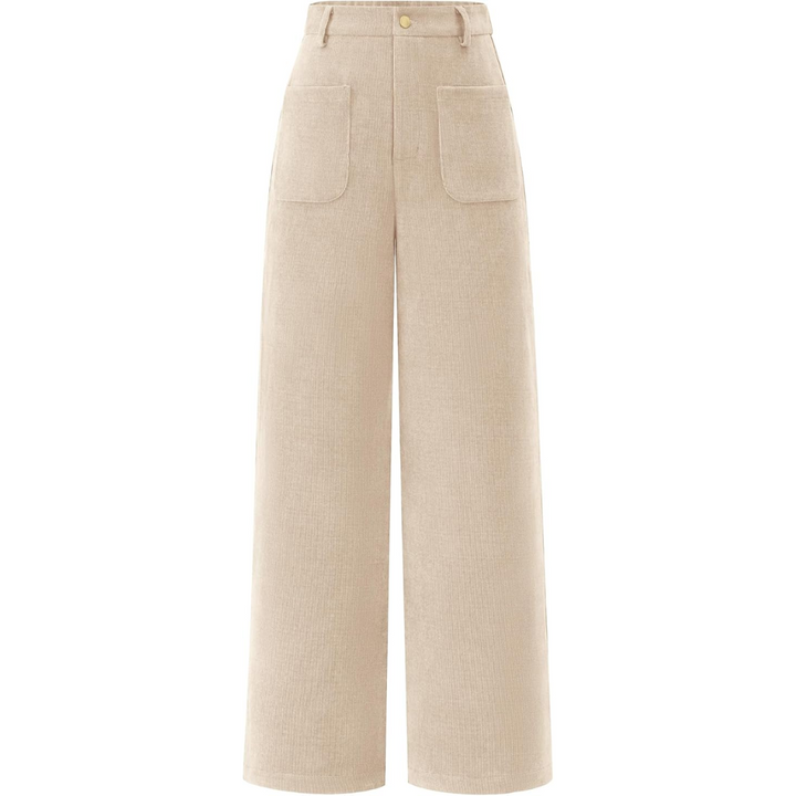Beige Cordhose Damen, weites Bein, hohe Taille, modisch, bequem, Herbstmode 2024.