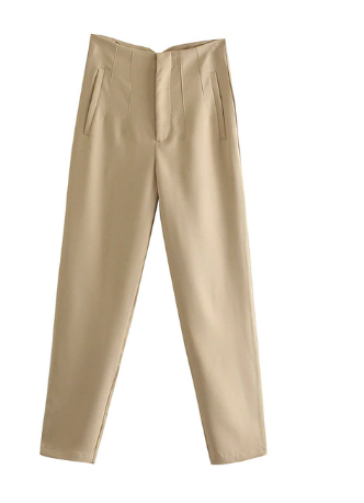 Beige Damenhose, hohe Taille, eleganter Stil, Business-Mode, Baumwollmischung.