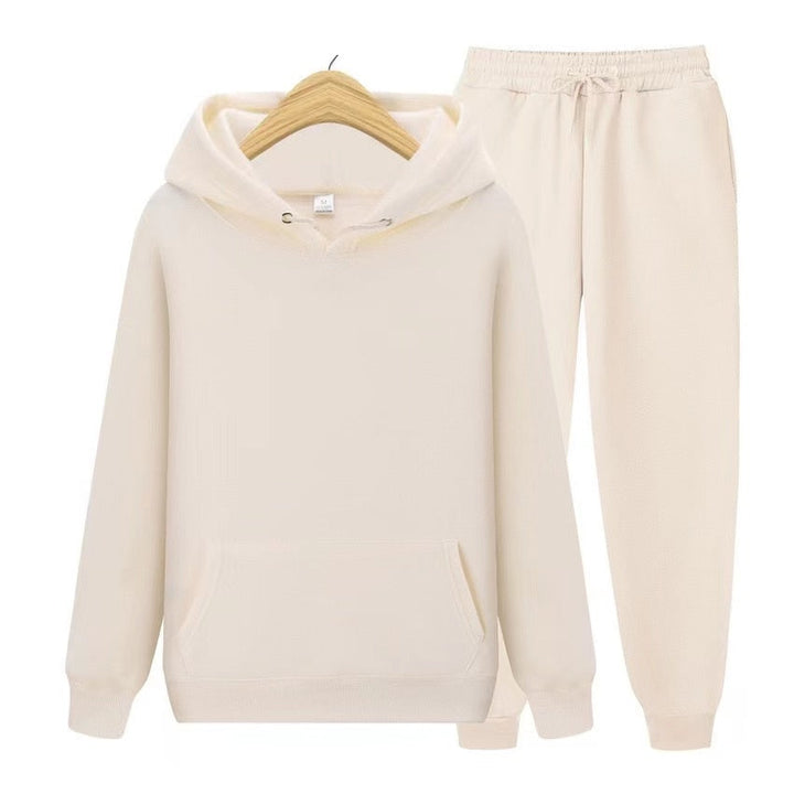 Beiges Hoodie-Set aus Baumwolle, Kapuzenpullover und Jogginghose, Unisex, bequem, modisch.