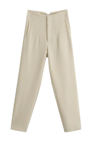 Beige Damenhose, hohe Taille, eleganter Stil, Business-Mode, Baumwollmischung.