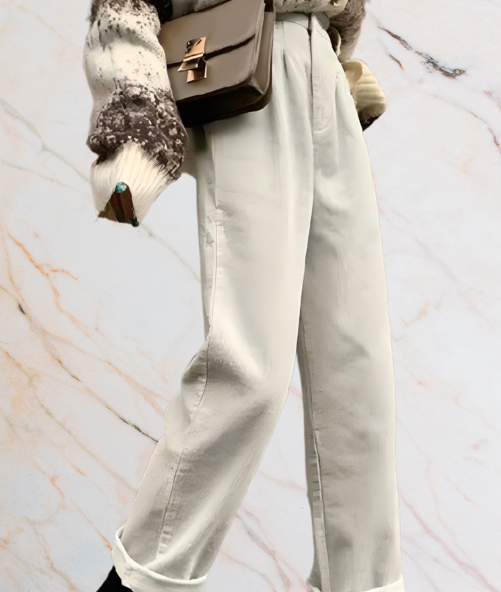 Damenhose beige, hoch tailliert, aus Baumwolle, modisch, elegant, Herbstmode, Streetwear.