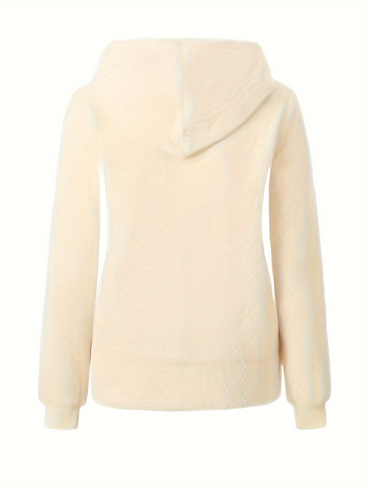 Beiger Damen-Hoodie aus Baumwolle, Kapuze, langärmlig, lässiger Stil, Rückansicht.