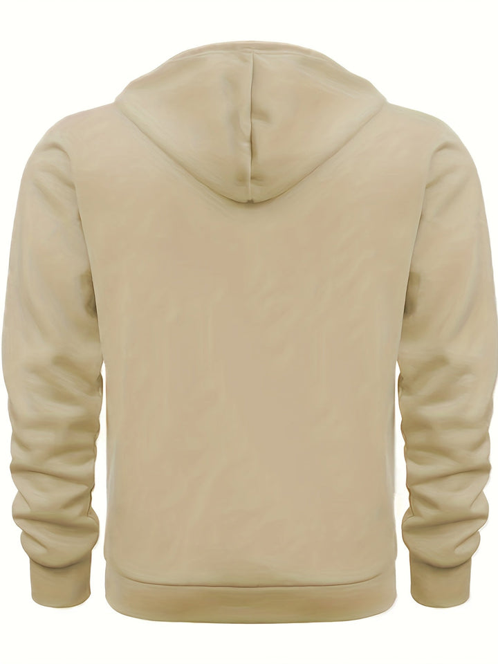 Beiger Kapuzenpullover aus Baumwolle, Rückansicht, Unisex, lässiger Stil, modische Freizeitkleidung.