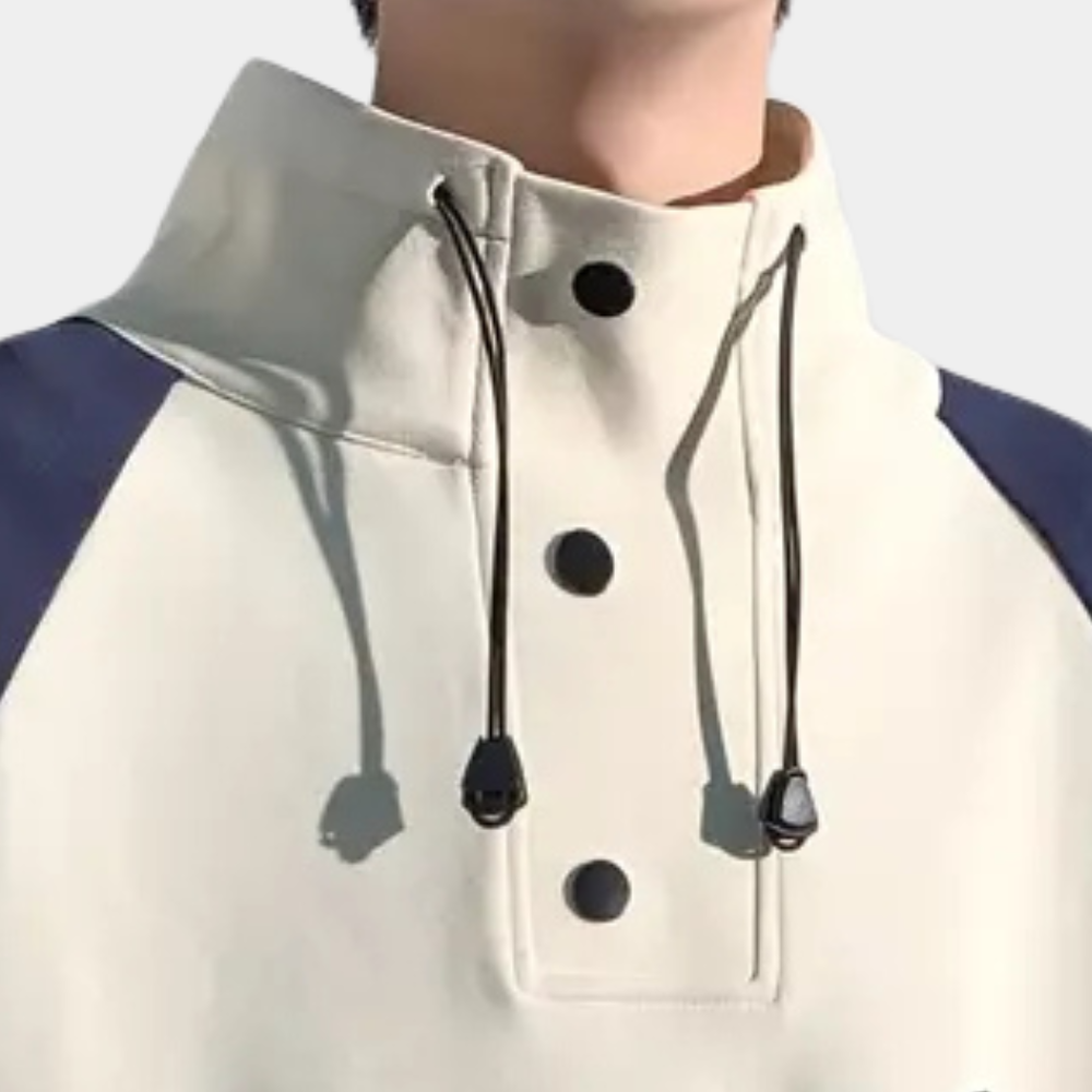 Beige Kapuzenpullover mit schwarzen Knöpfen und Kordeln, sportlich, Unisex, Baumwolle.