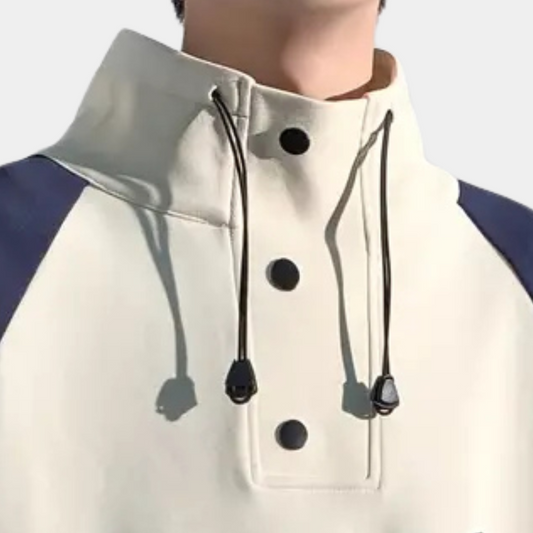 Beige Kapuzenpullover mit schwarzen Knöpfen und Kordeln, sportlich, Unisex, Baumwolle.