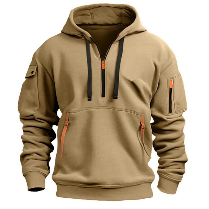 Beige Kapuzenpullover mit Reißverschlüssen, Kängurutasche, Langarm, Herrenmode, Freizeitkleidung