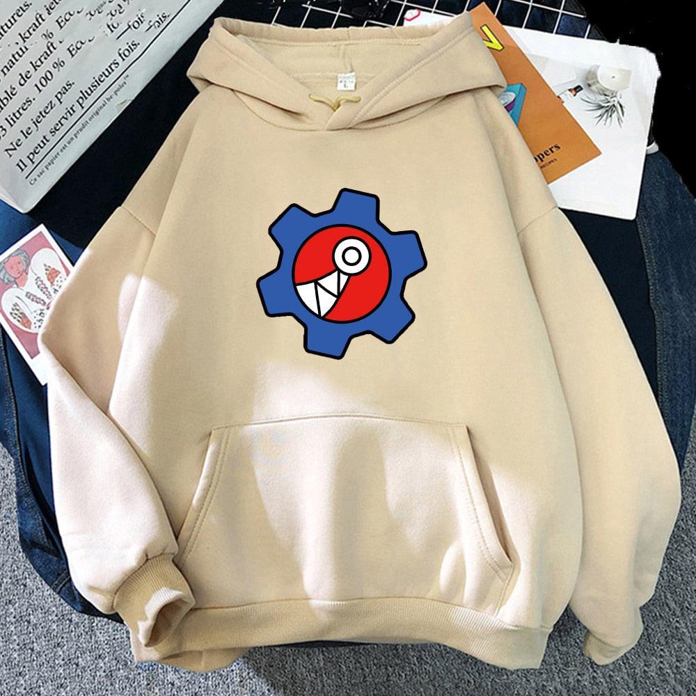 Beiger Hoodie mit buntem Zahnrad-Design, Baumwolle, Unisex, modisch, bequem, Kapuzenpullover.