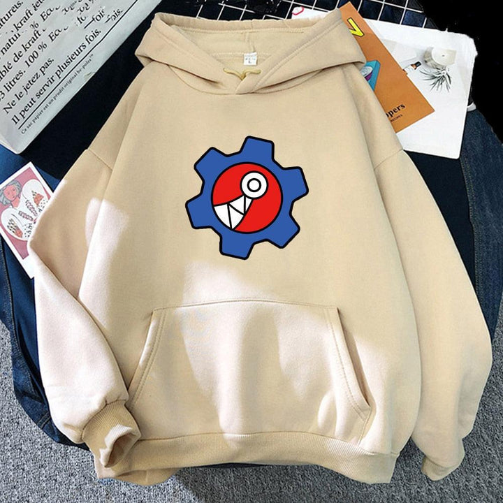 Beiger Kapuzenpullover mit buntem Zahnrad-Design, Baumwolle, Unisex, lässige Mode.