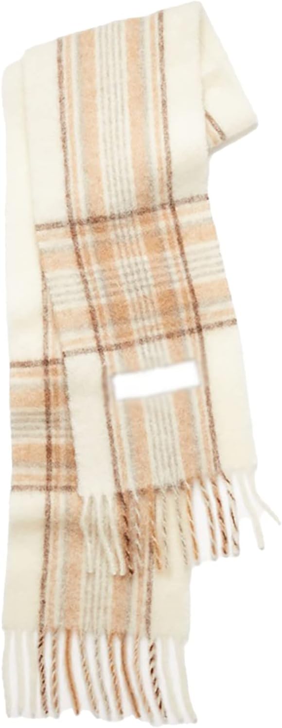 Beige-weißer karierten Wollschal mit Fransen, modisches Accessoire für Herbst und Winter.