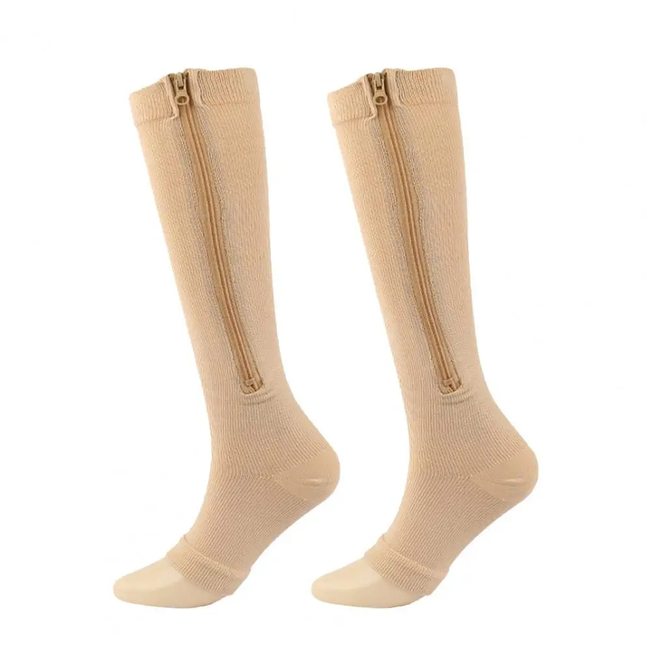 Beige Kompressionsstrümpfe mit Reißverschluss, knielang, medizinisch, Unisex, Baumwolle.