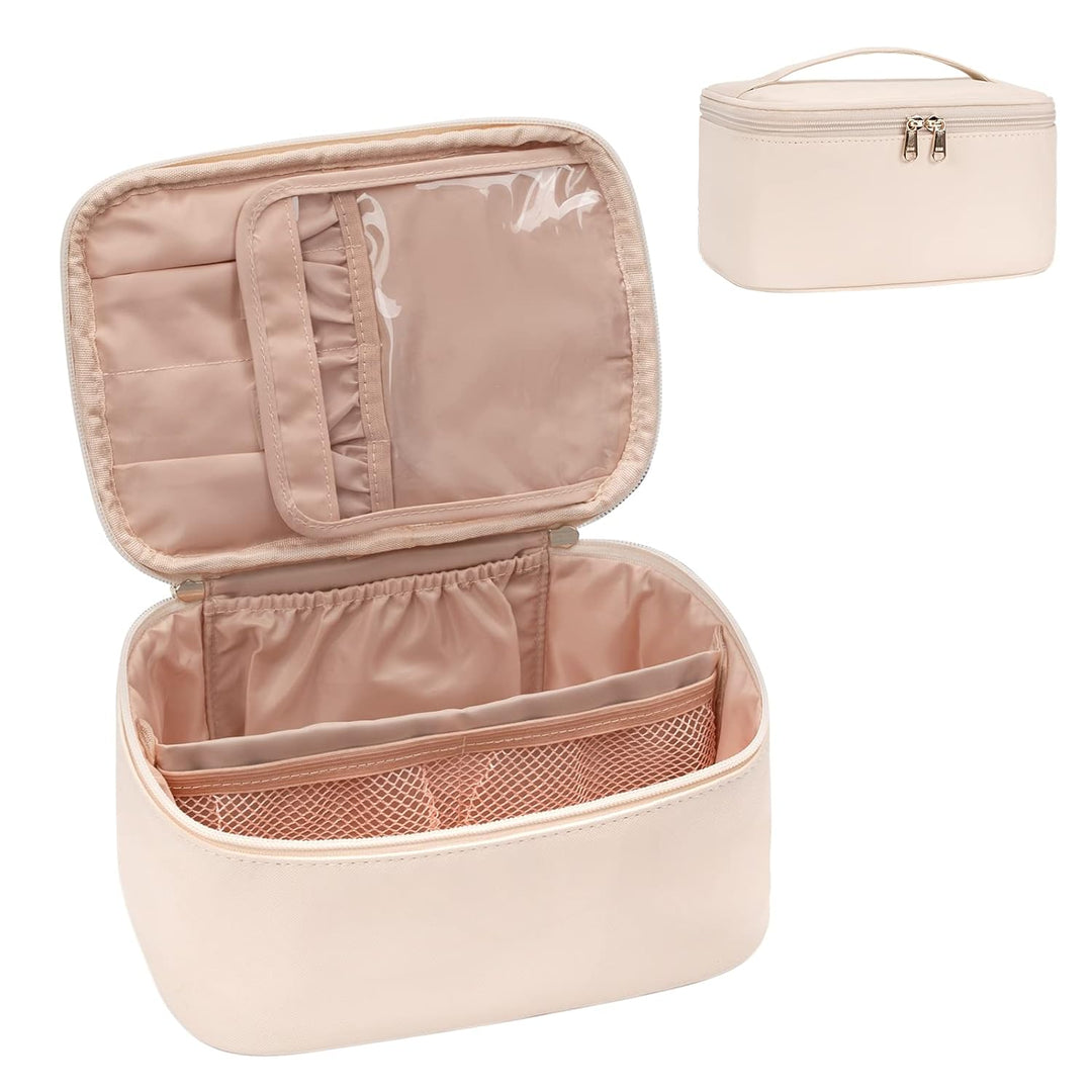 Beige Kosmetiktasche mit Reißverschluss, Fächer, Netzfach, ideal für Reisen und Aufbewahrung.