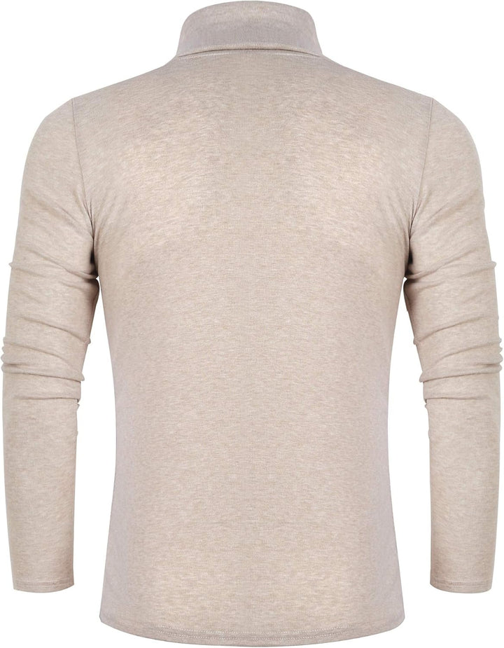 Beiger Rollkragenpullover Herren, Langarm, Baumwolle, Rückansicht, modisch, bequem.