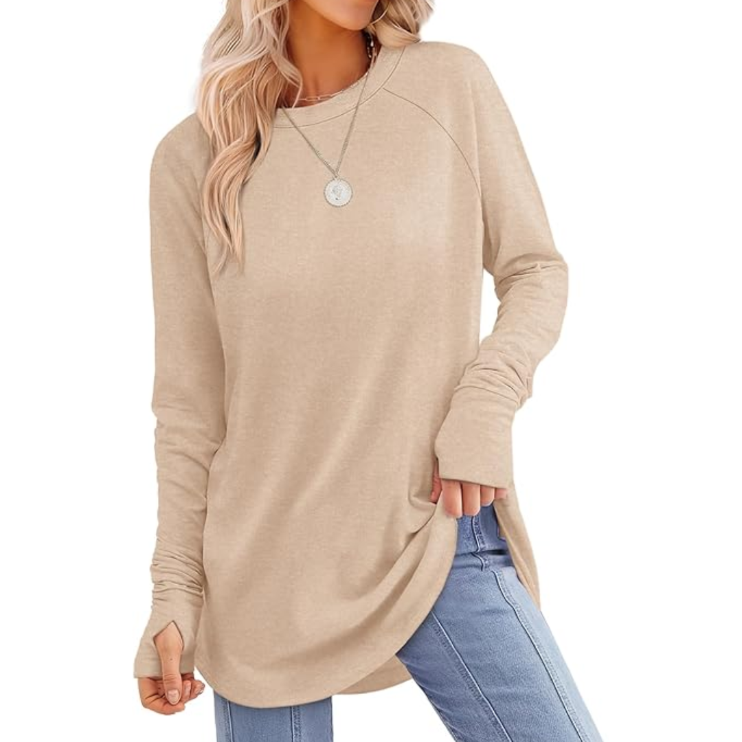 Beiges Damen-Langarmshirt, lässig, Baumwolle, Rundhals, ideal für Herbstmode.