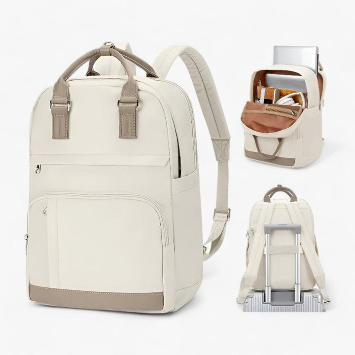 Beiger Laptop-Rucksack aus Leder, multifunktional, mit USB-Anschluss, ideal für Reisen und Arbeit.
