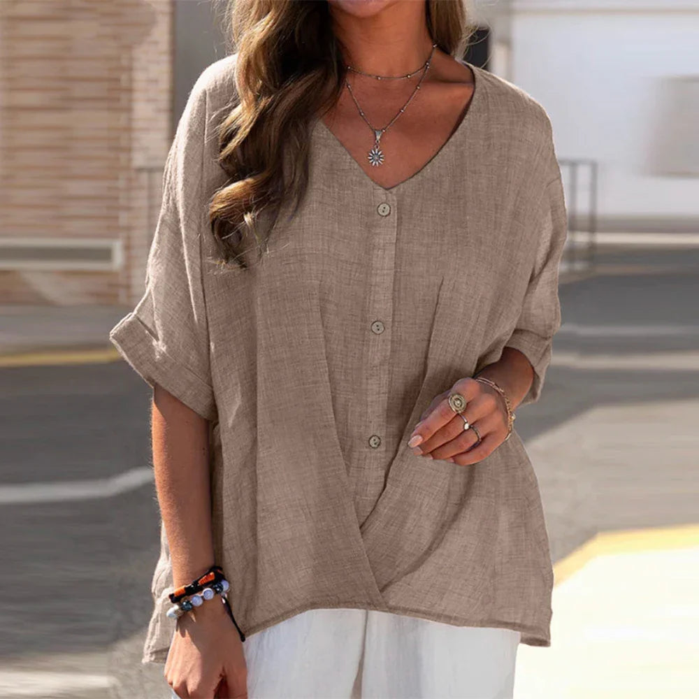 Damen Bluse Leinen V-Ausschnitt Beige Knopfleiste Sommermode lässig elegant