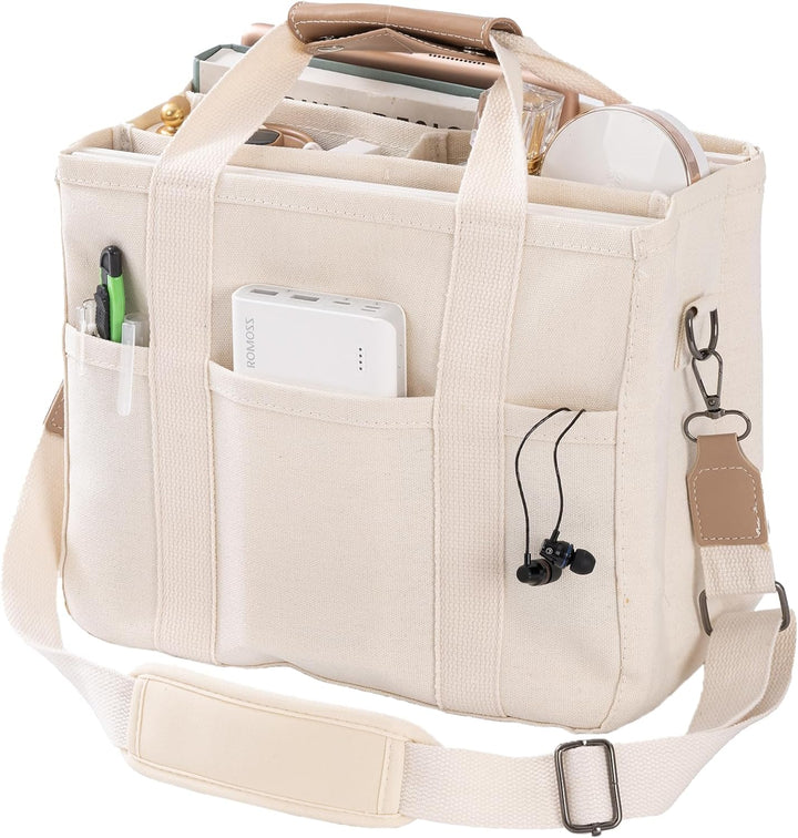 Beige Canvas-Organizer-Tasche mit Fächern, Schultergurt, ideal für Bürobedarf und Reisen.