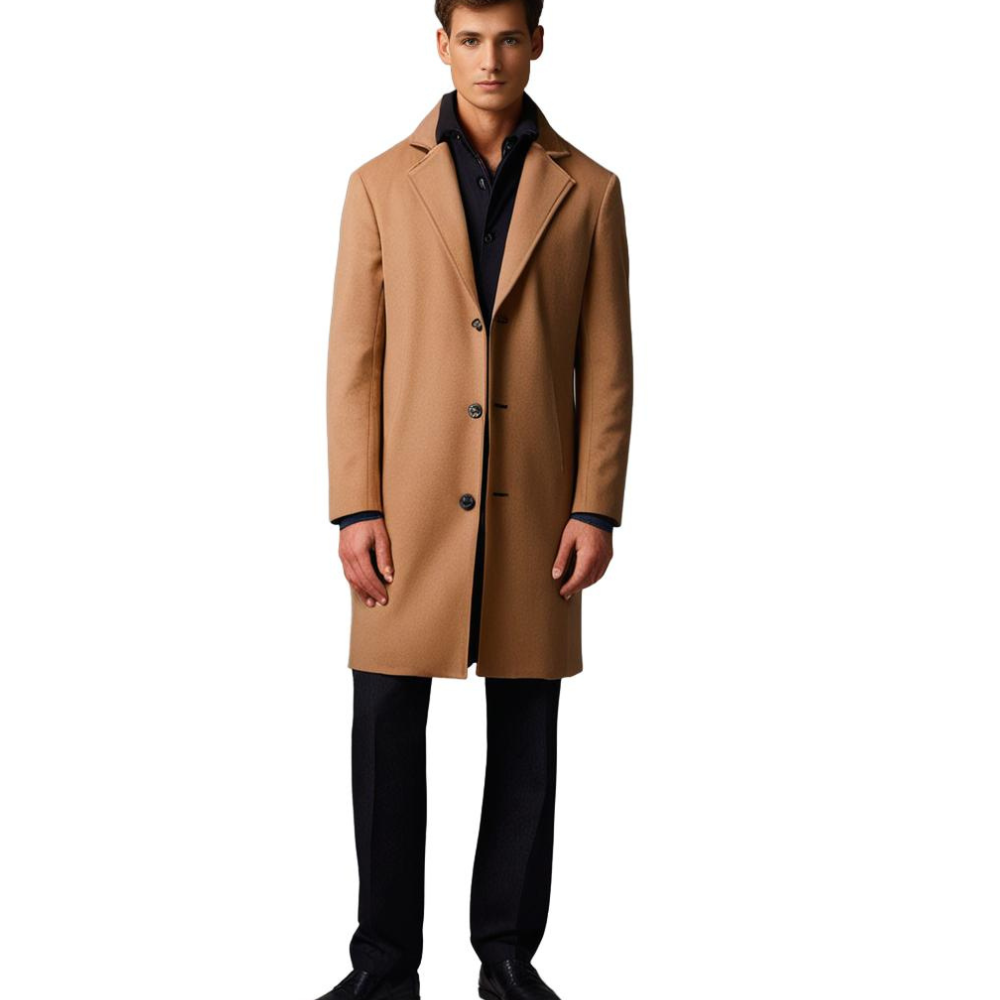 Mann im beigen Wollmantel, eleganter Herrenmantel, Herbstmode, klassischer Stil.