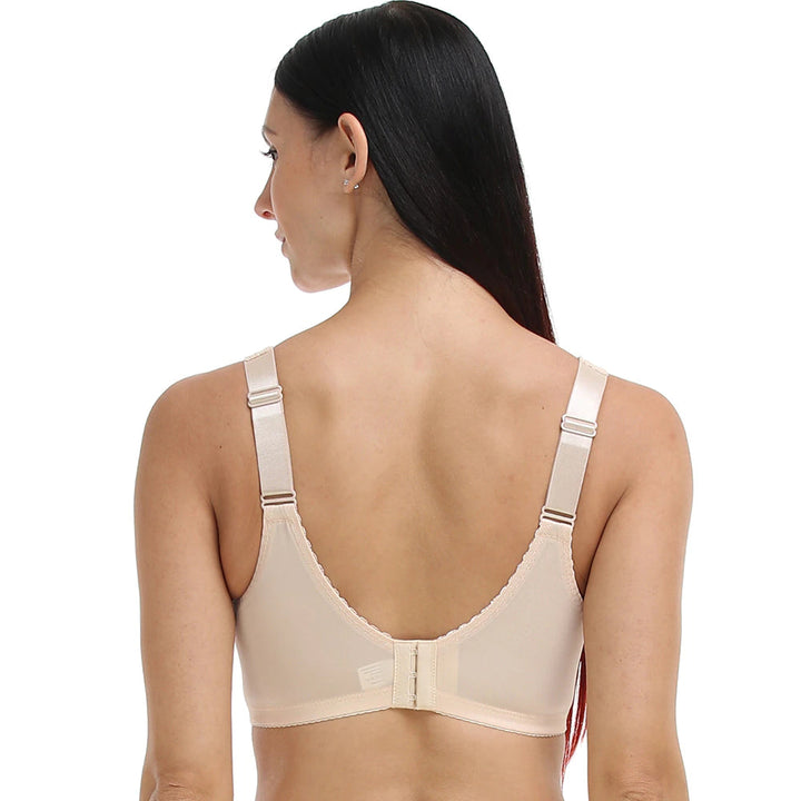 Beiger Minimizer-BH mit voller Abdeckung, verstellbare Träger, Rückansicht, Damenunterwäsche.