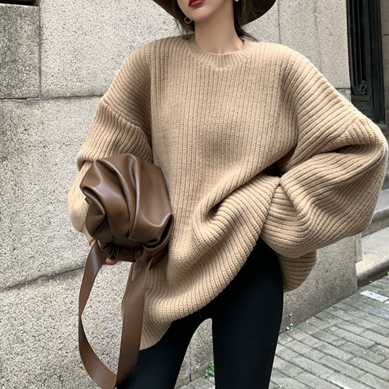 Damen Pullover beige, oversized, Strick, Herbstmode, lässig, warm, modisch, Streetwear.