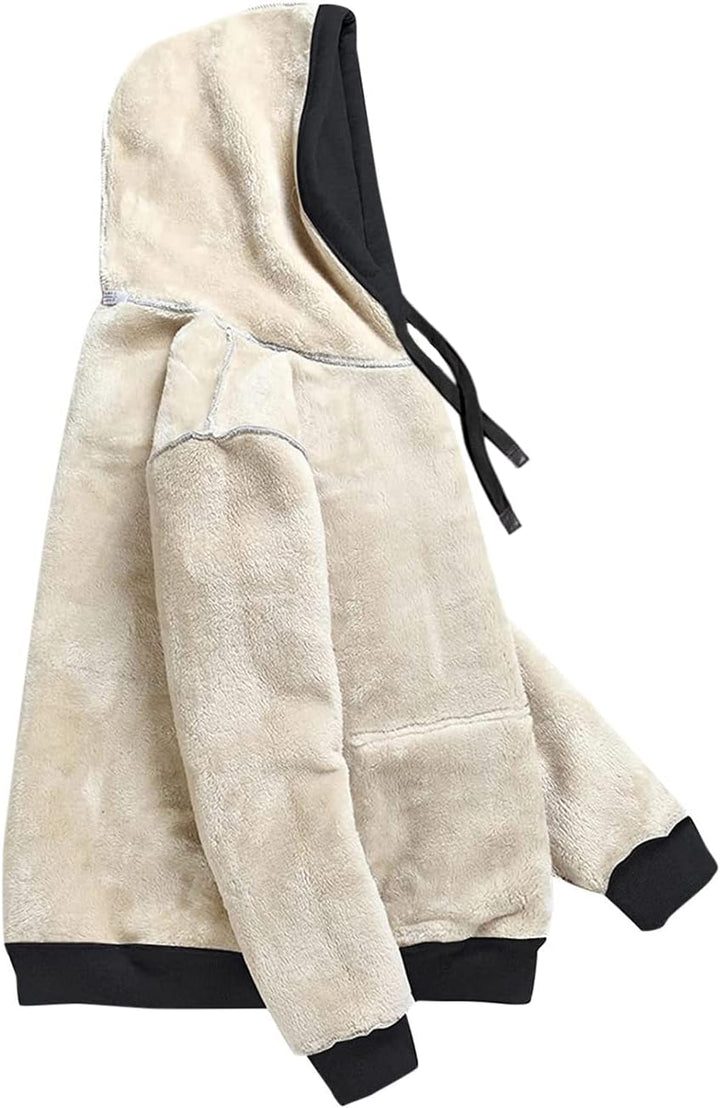 Beige Kapuzenpullover aus Fleece, schwarz gefüttert, Unisex, warm, modisch, Winterkleidung.