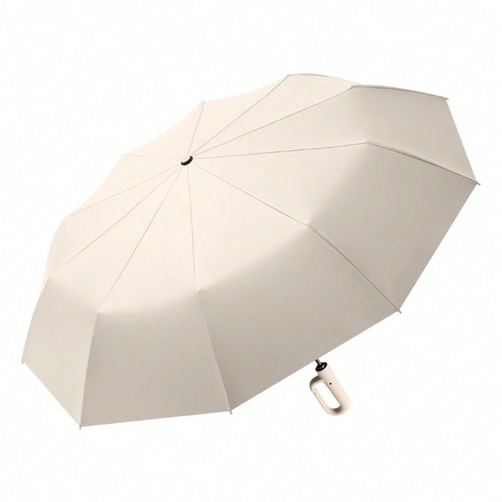 Beiger, faltbarer Regenschirm mit ergonomischem Griff, winddicht, kompakt für Reisen.