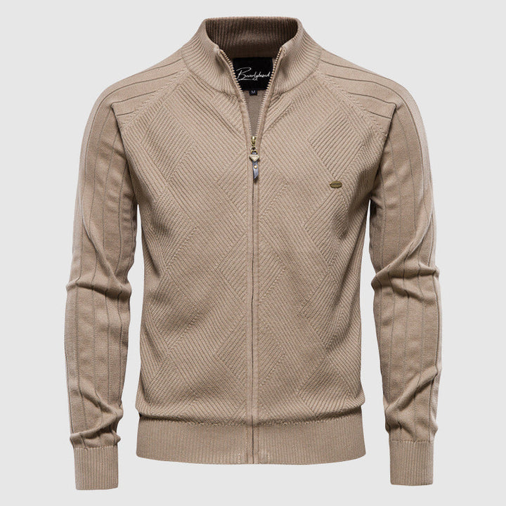 Beiger Herren-Strickpullover mit Reißverschluss, Rautenmuster, Baumwolle, John Wellington.