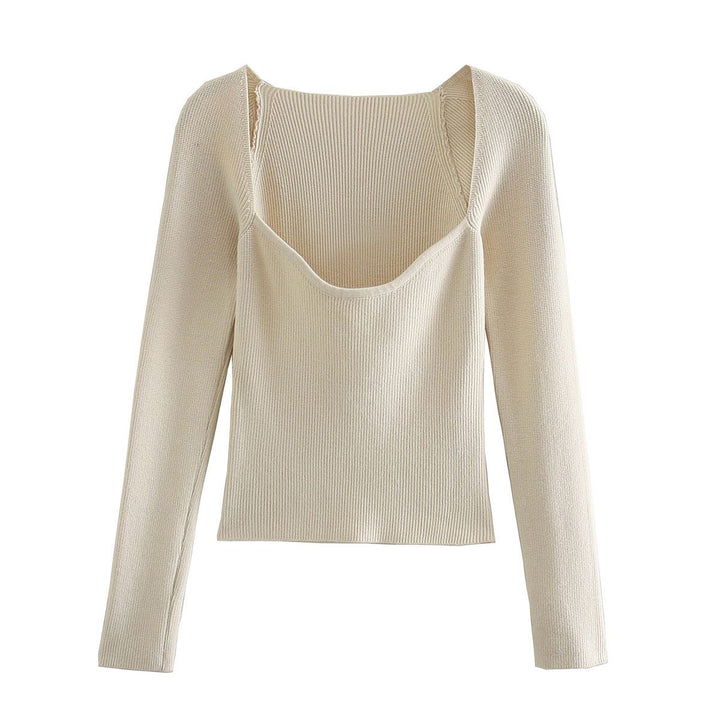 Beiges Damen Slimfit-Top, langärmelig, gerippter Stoff, elegantes Design, modisch.
