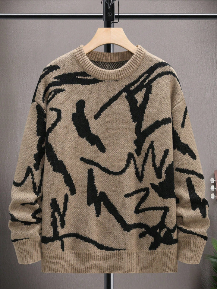 Beiger Strickpullover mit schwarzem abstraktem Muster, Herrenmode, Winterkleidung, gemütlich.