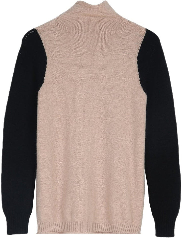 Beige und schwarzer Strickpullover, langärmelig, Unisex-Mode, weiches Material.