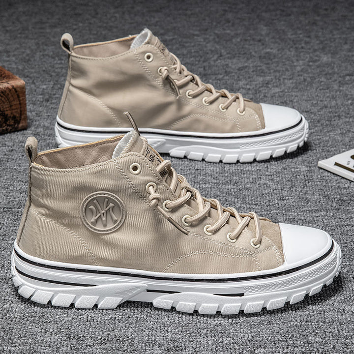 Beige High-Top-Sneaker, Canvas, weiße Sohle, modisch, Unisex, lässig, bequem, urbaner Stil.