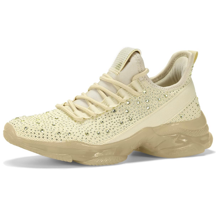 Beiger Sneaker mit Strasssteinen, atmungsaktives Mesh, rutschfeste Sohle, modischer Sportschuh.