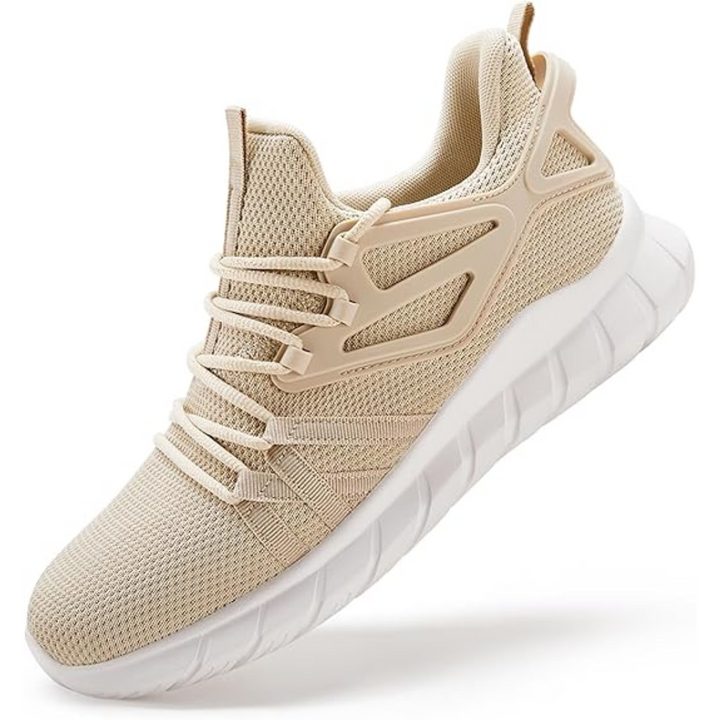 Beiger Sportschuh aus Mesh mit weißer Sohle, atmungsaktiv, ideal für Laufen und Fitness.