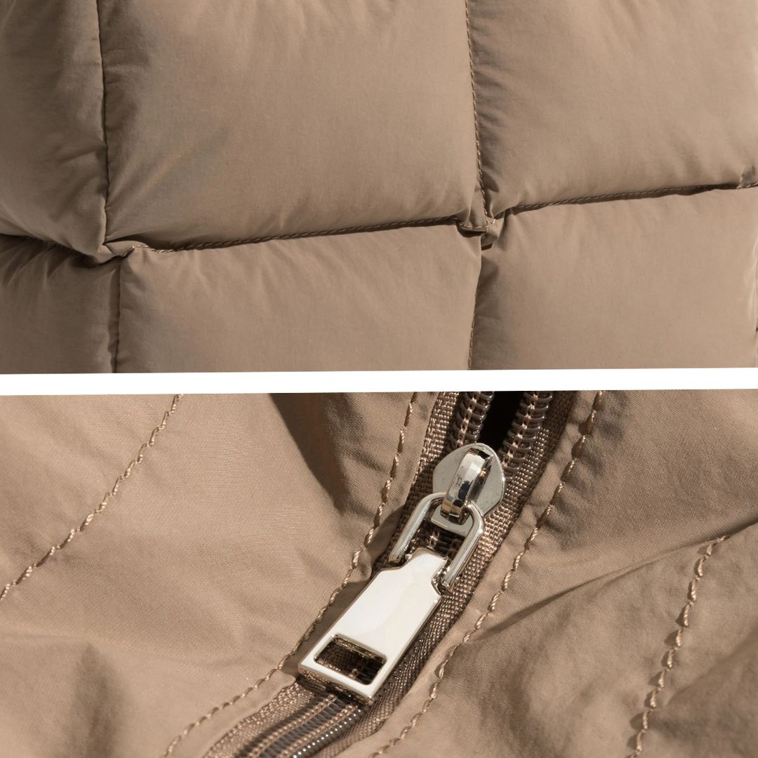 Beige Daunenjacke mit Reißverschluss, gesteppte Details, warme Winterbekleidung