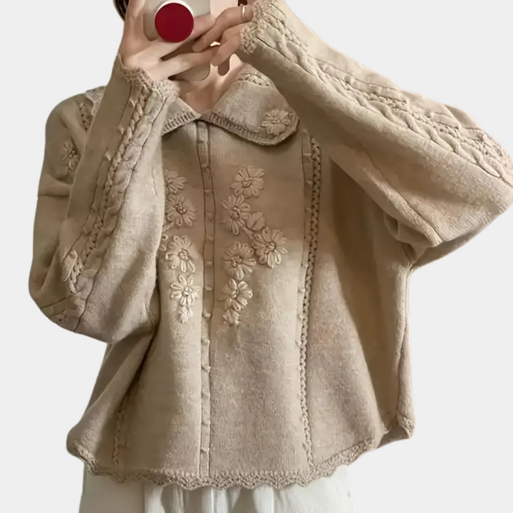 Beige Damenpullover mit Blumenstickerei, Langarm, Vintage-Stil, Baumwolle, modisch.